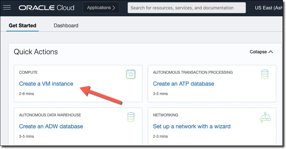 Create a VM instance panel