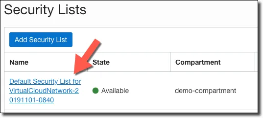 Default security list link
