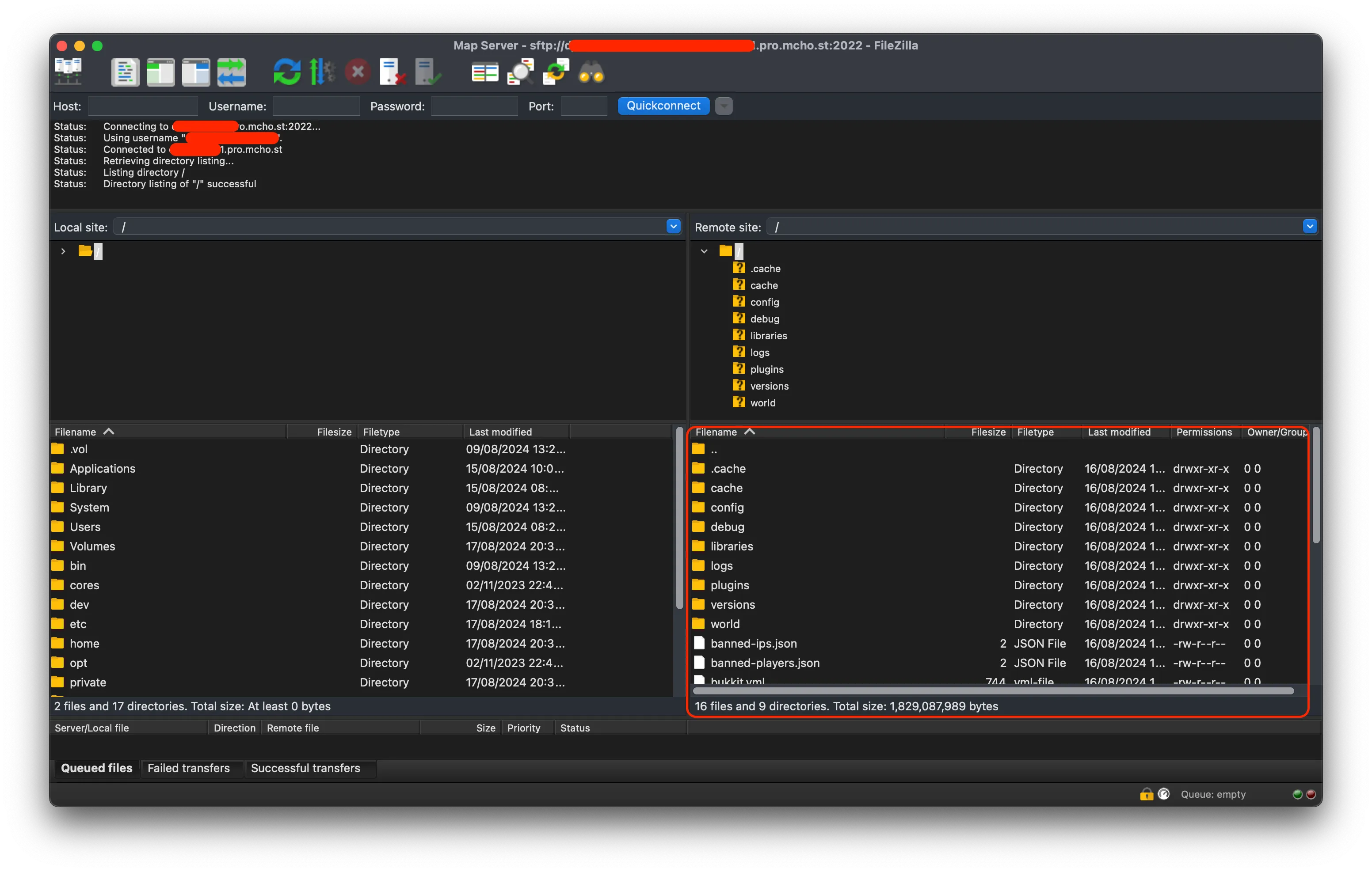 Connected to the server over SFTP