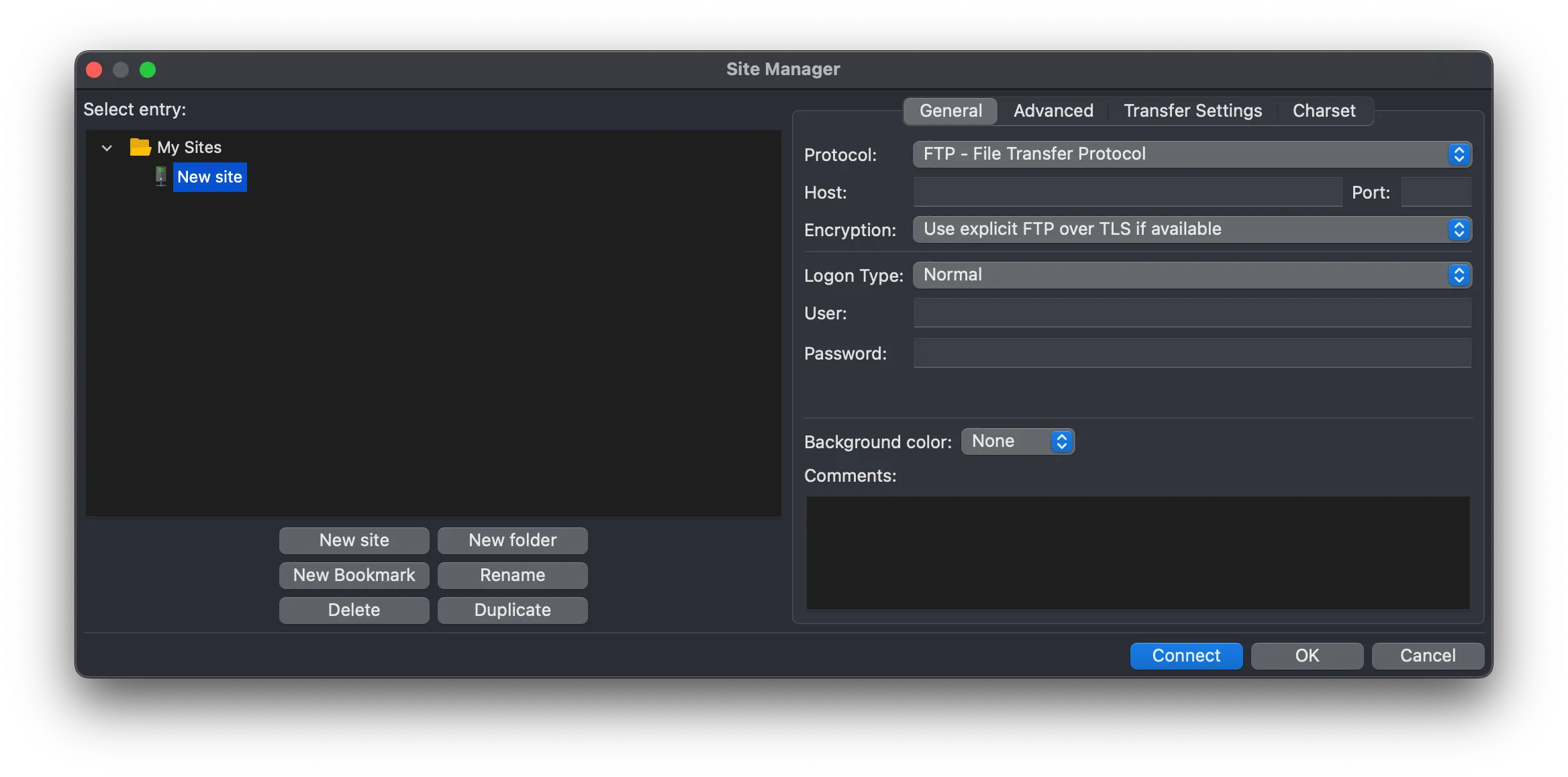 FileZilla New Site settings