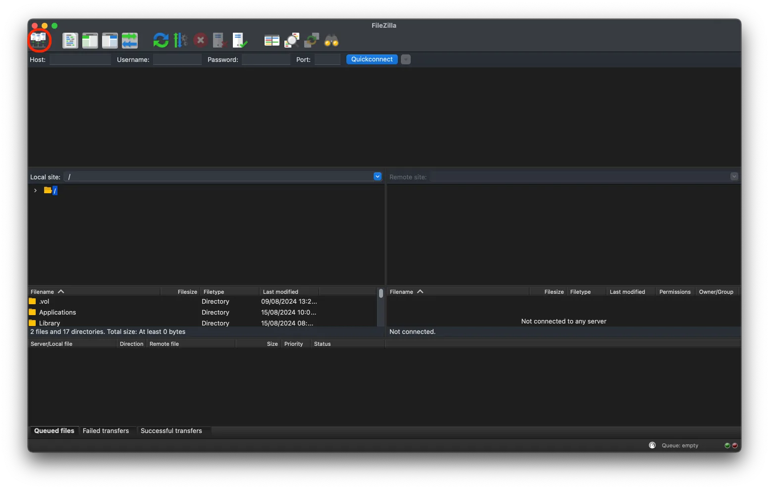 FileZilla site manager