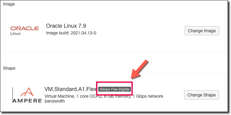 Image and shape selection showing the Always free eligible tag