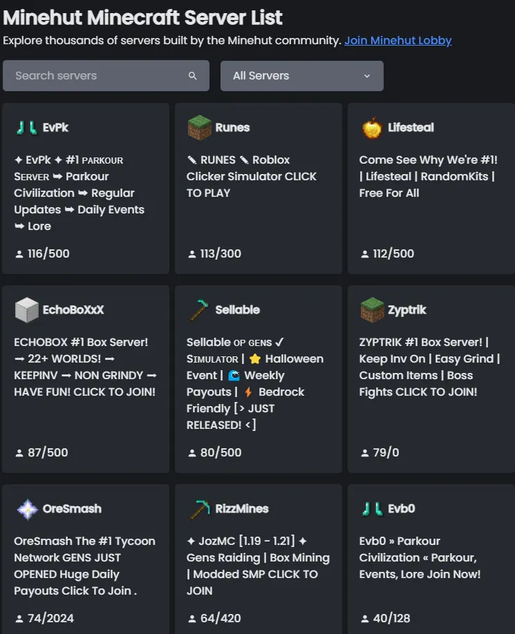 Minehut's Server List