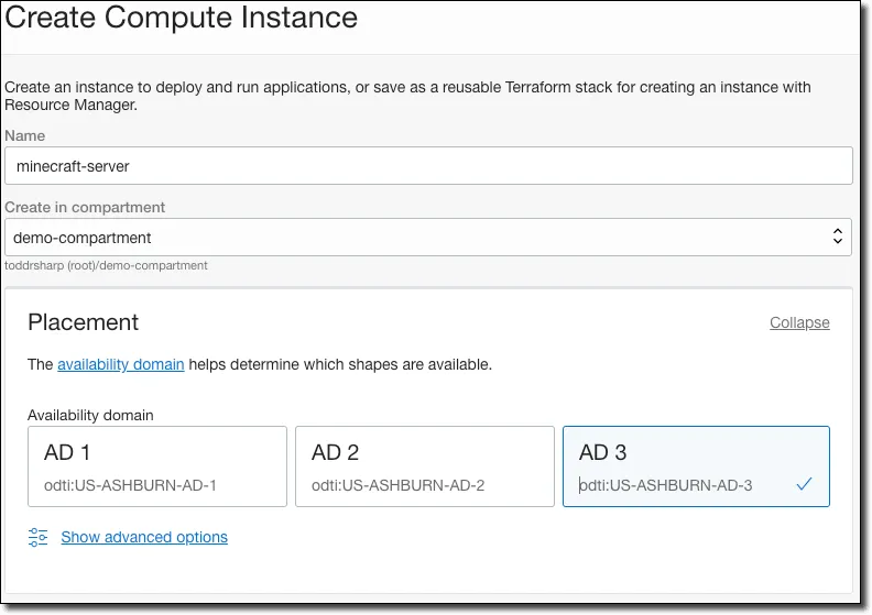 Naming the VM instance and choosing a compartment